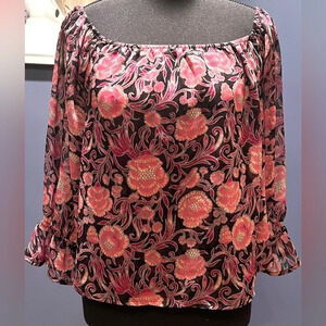 EXPRESS Sheer Floral Long Ruffle Sleeves Off Shoulder Boho Chic Blouse size XS